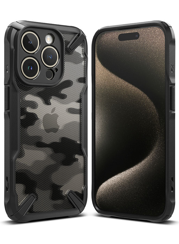Ringke Fusion-X Compatible with iPhone 15 Pro Max Case Cover Transparent Hard Back Soft Flexible TPU Bumper Scratch Resistant Shockproof Protection iPhone 15 Pro Max Back Cover  - Camo Black